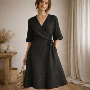 FLAX 100% linen Wrap Dress Medium 3/4 Sleeve Olive Gray Lagenlook Lithuania VTG